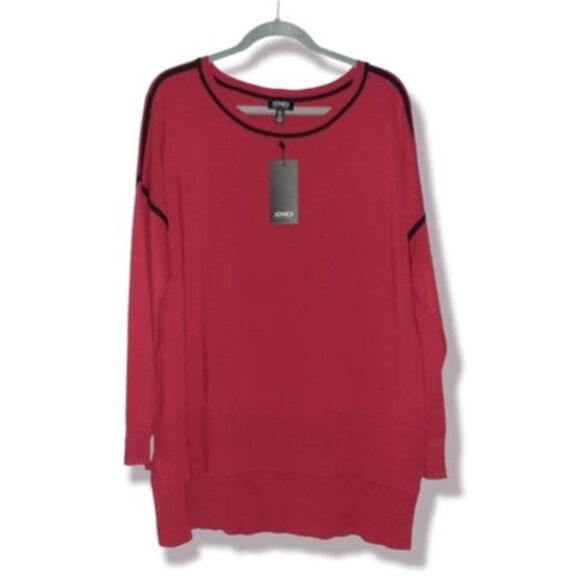 Jones New York Long Sweater Knit Top Red Black Trim Pullover Tunic Size L - Picture 1 of 13